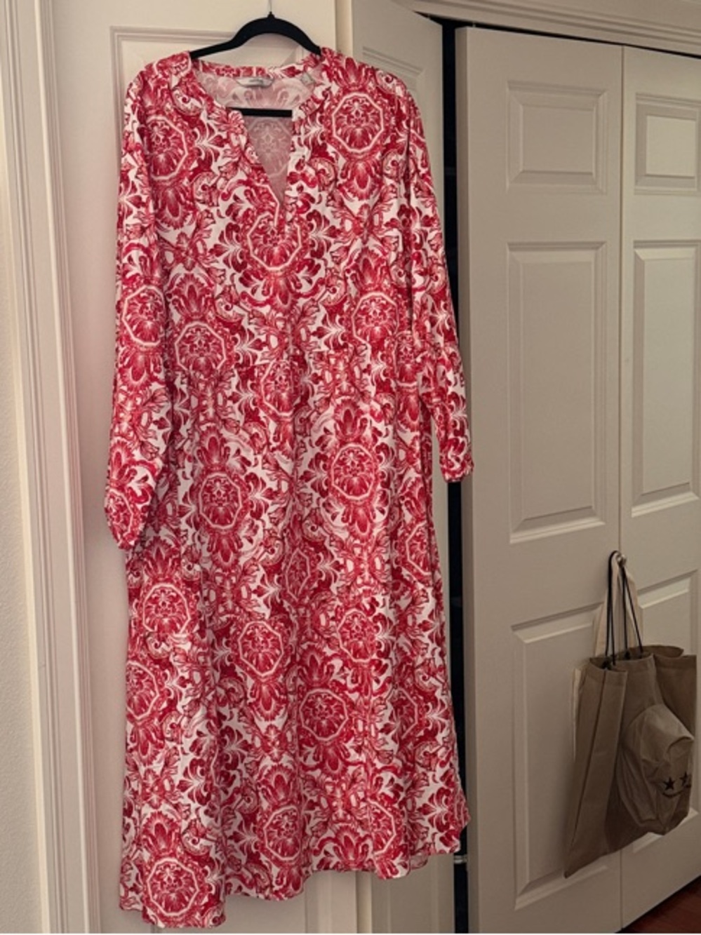Red and White Printed Maxi Dress with Long Sleeves